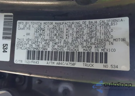 2009 Toyota Tacoma Base V6 from USA, damaged, VIN 3TMLU42N79M027904